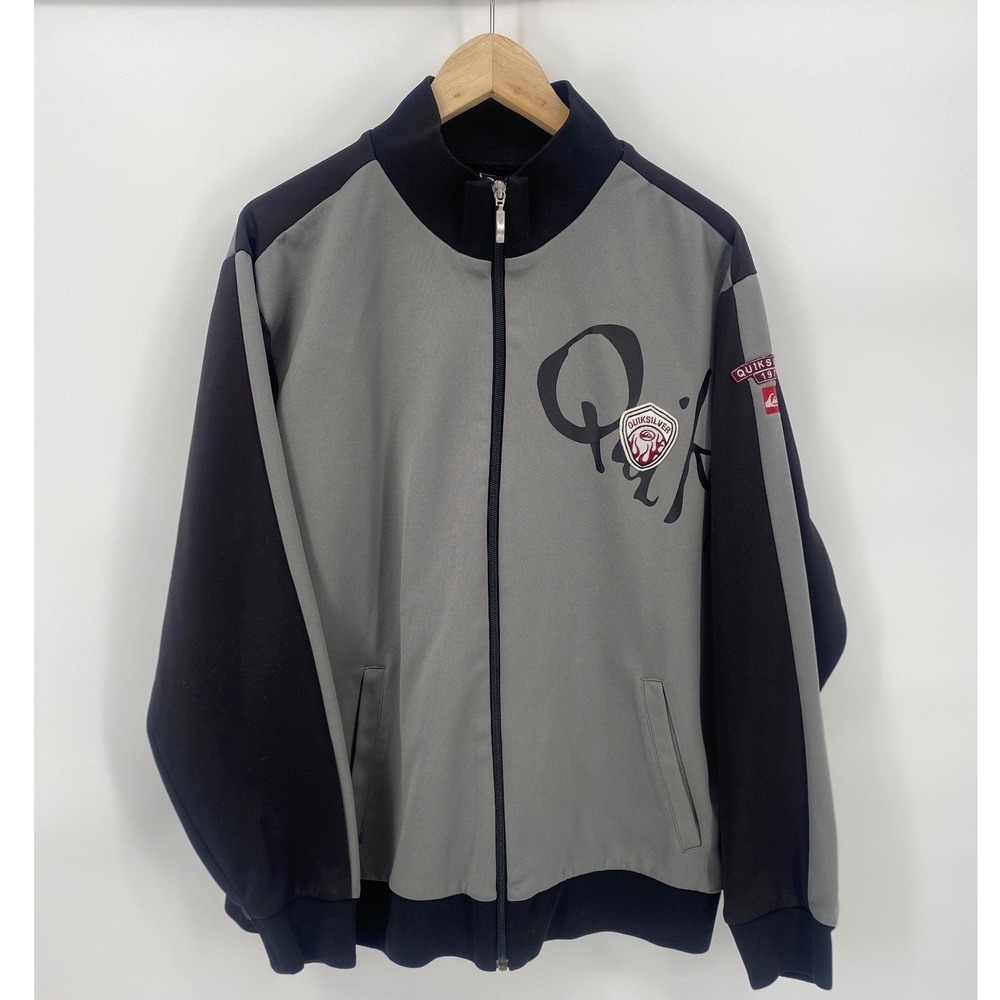 Quiksilver Track Jacket Mens Large Grey Black Excellent Full Zip Graphic Logo